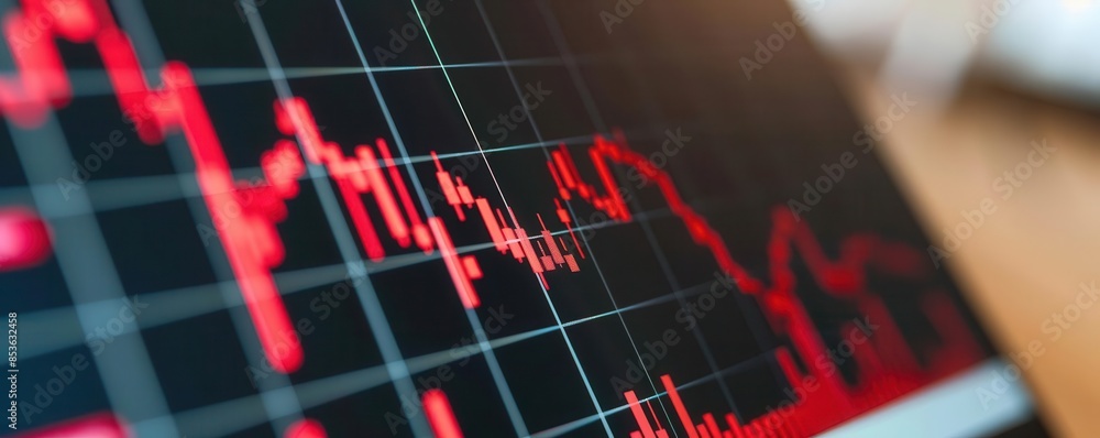 Close-up of a financial graph showing a downward trend, highlighting stock market volatility and economic challenges in trading. Close-up of a financial graph showing a downward trend, highlighting stock market volatility and economic challenges in trading.