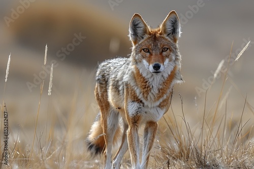 A Ethiopian wolf trotting across the highlands, its slender, reddish body and pointed ears keenly alert to its surroundings. 