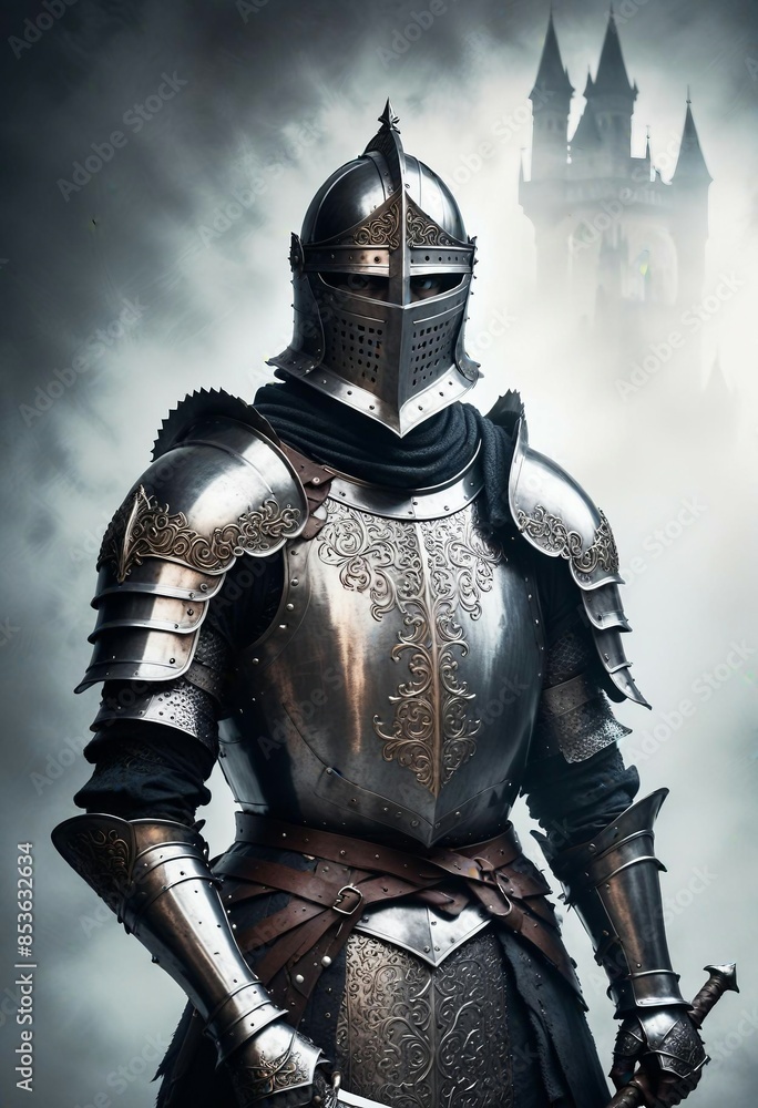 Majestic portrait of a noble medieval knight clad in ornate steel plate armor, his sword at the ready