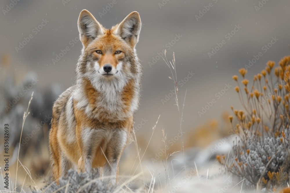 Fototapeta premium A Ethiopian wolf trotting across the highlands, its slender, reddish body and pointed ears keenly alert to its surroundings. 