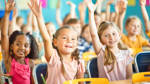 A classroom with children raising their hands to answer © Adrian Grosu