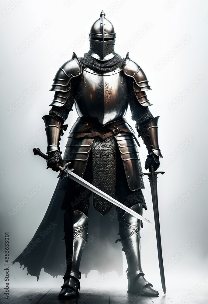 Majestic portrait of a noble medieval knight clad in ornate steel plate armor, his sword at the ready Majestic portrait of a noble medieval knight clad in ornate steel plate armor, his sword at the ready