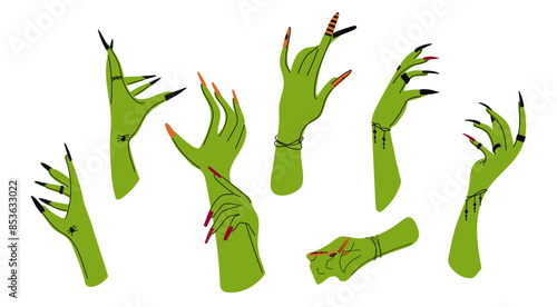 A set of zombie hands on a white background. An isolated collection of rotten blue hands with damage. Hands from the graves. Printing for Halloween party cards, T-shirts, stickers, mugs