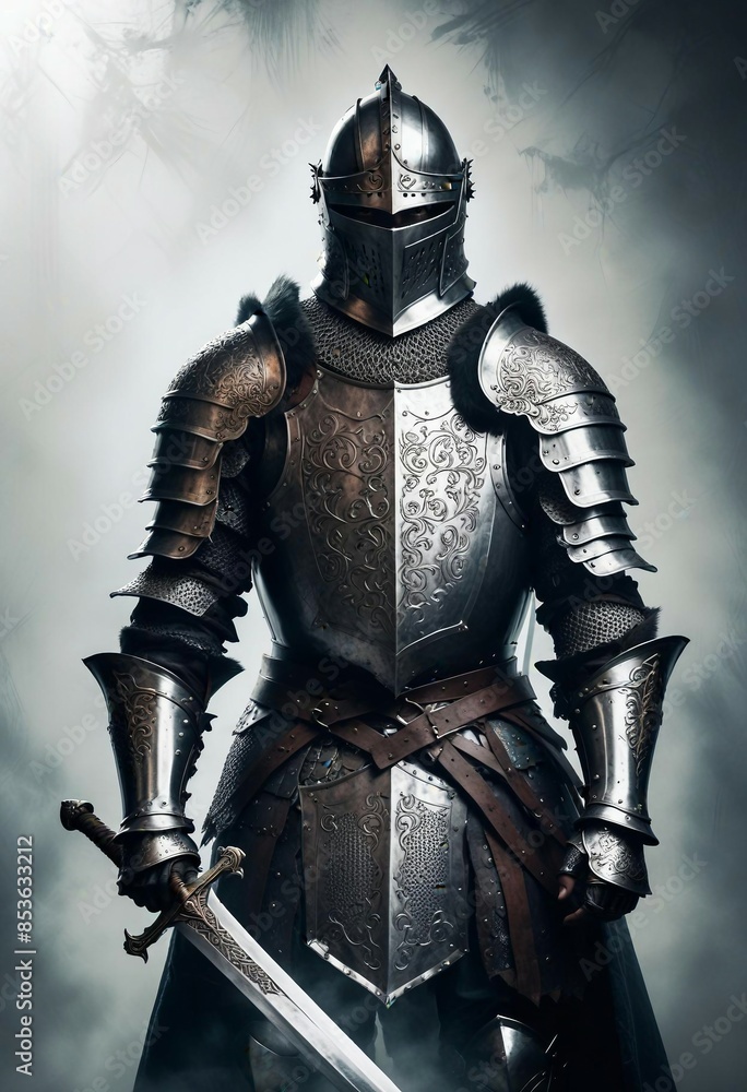 Majestic portrait of a noble medieval knight clad in ornate steel plate armor, his sword at the ready Majestic portrait of a noble medieval knight clad in ornate steel plate armor, his sword at the ready