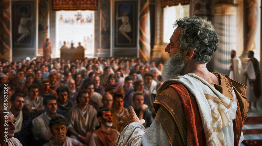 Naklejka premium Ancient philosophers speaking to audience in a historical setting