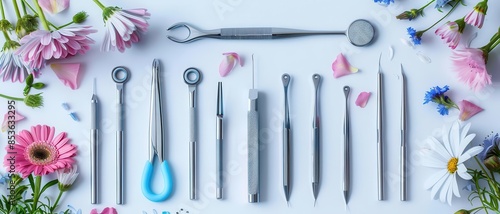 Petal microsurgery tools arranged neatly on a white surface