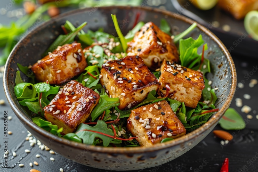 Delicious sesame tofu stir fry with vibrant greens, impeccably served in an elegant ceramic bowl Delicious sesame tofu stir fry with vibrant greens, impeccably served in an elegant ceramic bowl