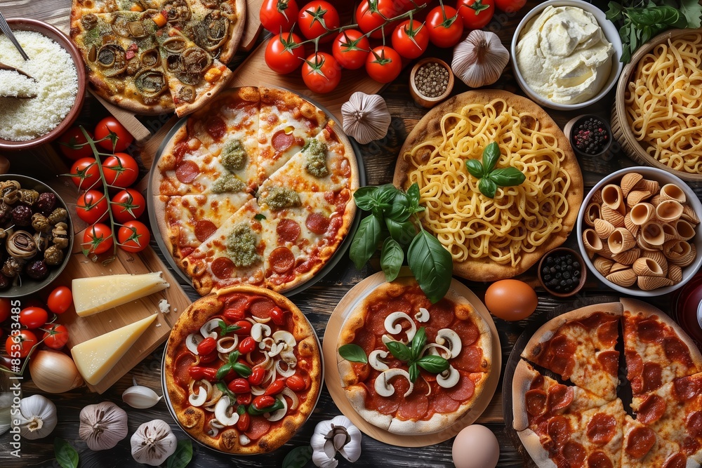 Italian Food Spread With Pizza, Pasta, and Fresh Ingredients Italian Food Spread With Pizza, Pasta, and Fresh Ingredients