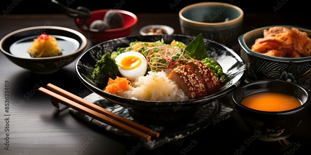 Delicious Selection of Japanese Cuisine Onigiri, Ramen, Omelet, Yakisoba, Miso Soup, and Tofu. Concept Onigiri, Ramen, Omelet, Yakisoba, Miso Soup, Tofu Delicious Selection of Japanese Cuisine Onigiri, Ramen, Omelet, Yakisoba, Miso Soup, and Tofu. Concept Onigiri, Ramen, Omelet, Yakisoba, Miso Soup, Tofu
