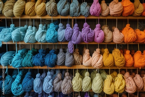 Colorful Array of Yarn Skeins Organized Neatly on Wooden Shelves photo