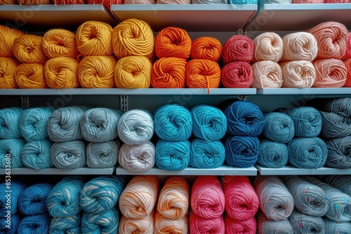 Colorful Array of Yarn Skeins Organized Neatly on Wooden Shelves photo