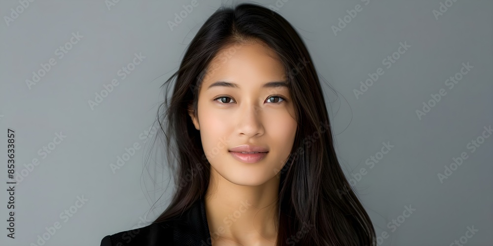 Beautiful Asian Woman with Long Shiny Hair in Portrait on Grey Background. Concept Portrait Photography, Asian Woman, Long Hair, Grey Background, Shiny Hair Beautiful Asian Woman with Long Shiny Hair in Portrait on Grey Background. Concept Portrait Photography, Asian Woman, Long Hair, Grey Background, Shiny Hair