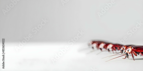 Cockroaches seen from above on a white background with space for text. Concept Insect photography, Creative compositions, White background, Text space opportunities photo