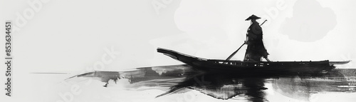 illustration Japanese samurai holding a word stanning on a wooden boat in Chinese ink painting