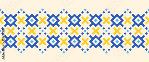 Repeating seamless border pattern, Ukrainian ethnic traditional design, vector illustration, flat style, abstract geometric blue and yellow pattern on ecru cream beige background