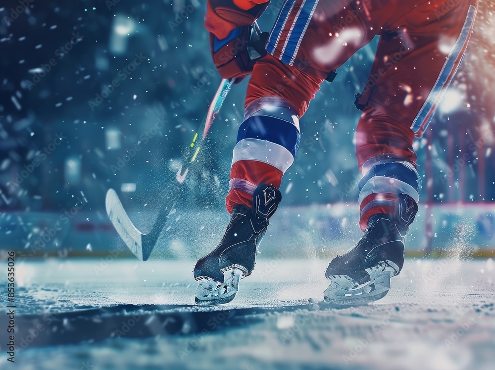custom made wallpaper toronto digitalClose-up shot of hockey player skating on ice, holding stick. Dynamic action in stadium under snow, showcasing intense winter sport.