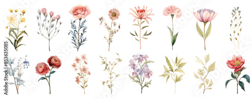 different botanicals florals vintage elements. Branches, leaves, herbs, wild plants, flowers. Garden, meadow, feild collection leaf, foliage, branches. Bloom vector illustration cut out