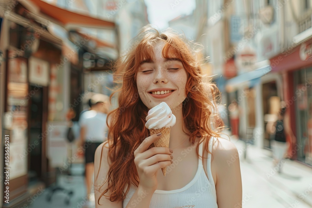 A red-haired woman smiles while eating ice cream in a European city street. Generative AI