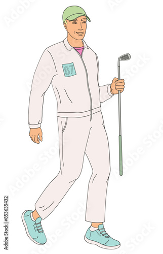 smiling golf club staff character  male caddie with golf club