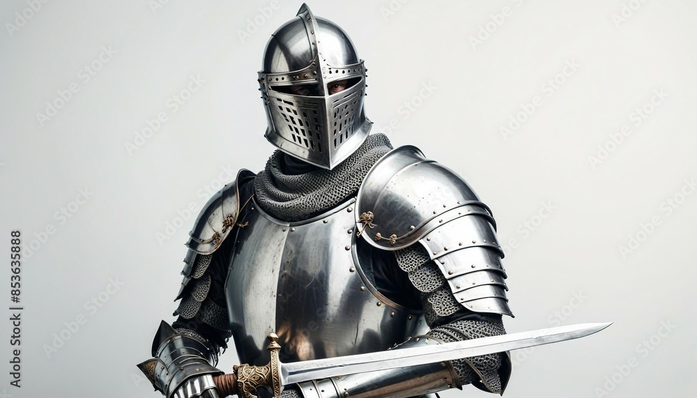 A battle-worn knight standing amid a battlefield, his armor dented and sword drawn. A battle-worn knight standing amid a battlefield, his armor dented and sword drawn.
