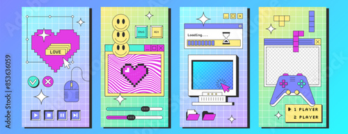 Social media posters template with retro desktop computer interface with buttons, folders, game console, loading bar, message frames. Old pc screen with browser window, stickers in y2k vaporwave style
