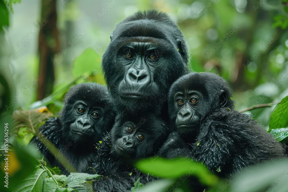 A family of mountain gorillas sitting in a dense forest, the silverback watching protectively over his group while young gorillas play nearby. A family of mountain gorillas sitting in a dense forest, the silverback watching protectively over his group while young gorillas play nearby.