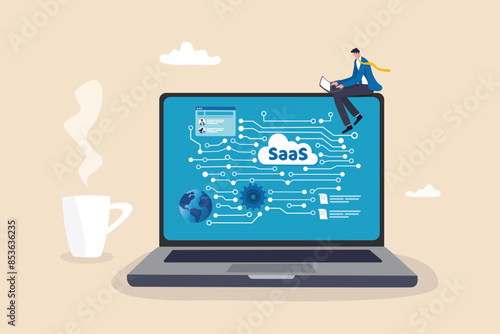 SaaS software as a service, cloud computing software for client subscription, internet web application online platform provider concept, businessman working with computer laptop on SaaS screen.