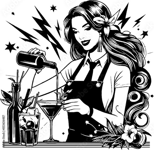 black and white image of a bartender mixing a cocktail