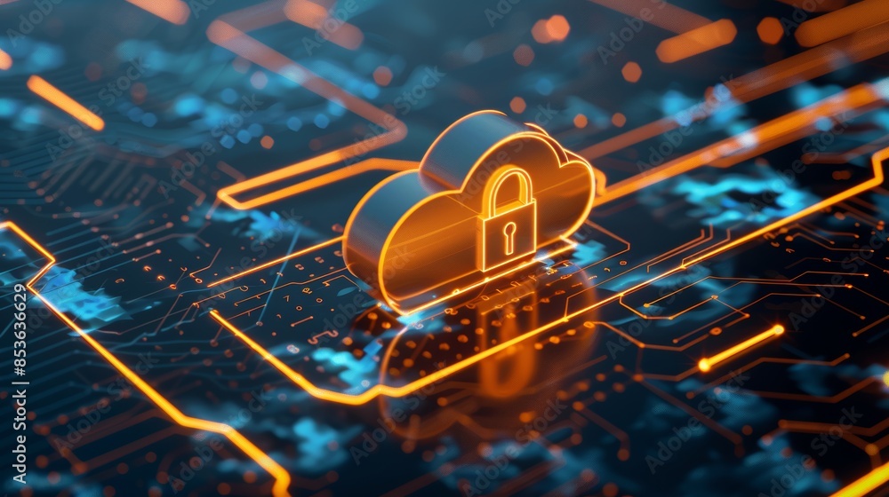Futuristic cityscape with minimalist cloud and metallic lock icon symbolizing data security Futuristic cityscape with minimalist cloud and metallic lock icon symbolizing data security