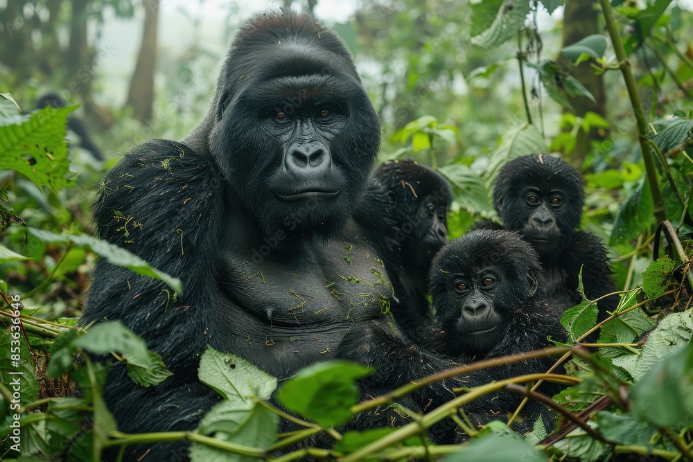 Obraz premium A family of mountain gorillas sitting in a dense forest, the silverback watching protectively over his group while young gorillas play nearby.