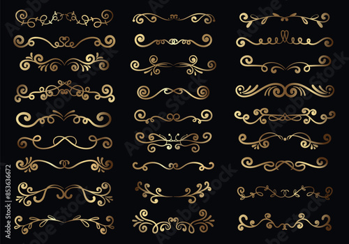 Gold luxury decorative swirls and text dividers collection. Wedding luxury gold elements set