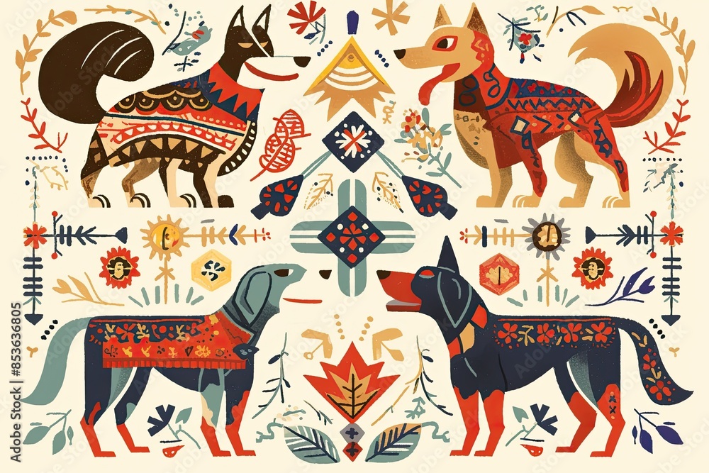 A symmetrical design with dog motifs in the style of Scandinavian folk art on a cream background. A symmetrical design with dog motifs in the style of Scandinavian folk art on a cream background.