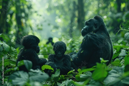 A family of mountain gorillas sitting in a dense forest, the silverback watching protectively over his group while young gorillas play nearby. photo