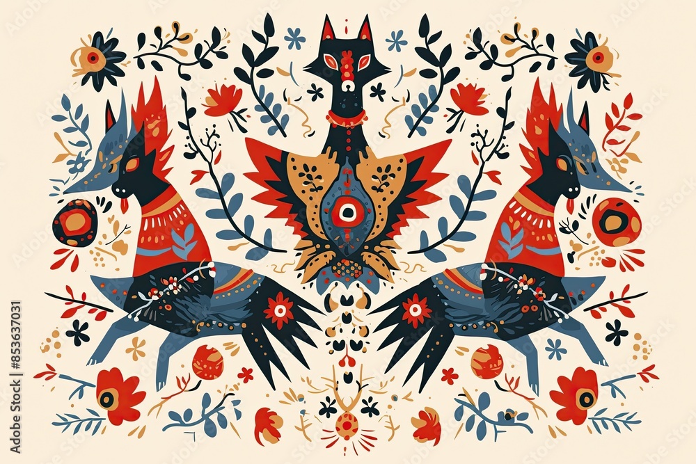 A symmetrical design with dog motifs in the style of Scandinavian folk art on a cream background. A symmetrical design with dog motifs in the style of Scandinavian folk art on a cream background.