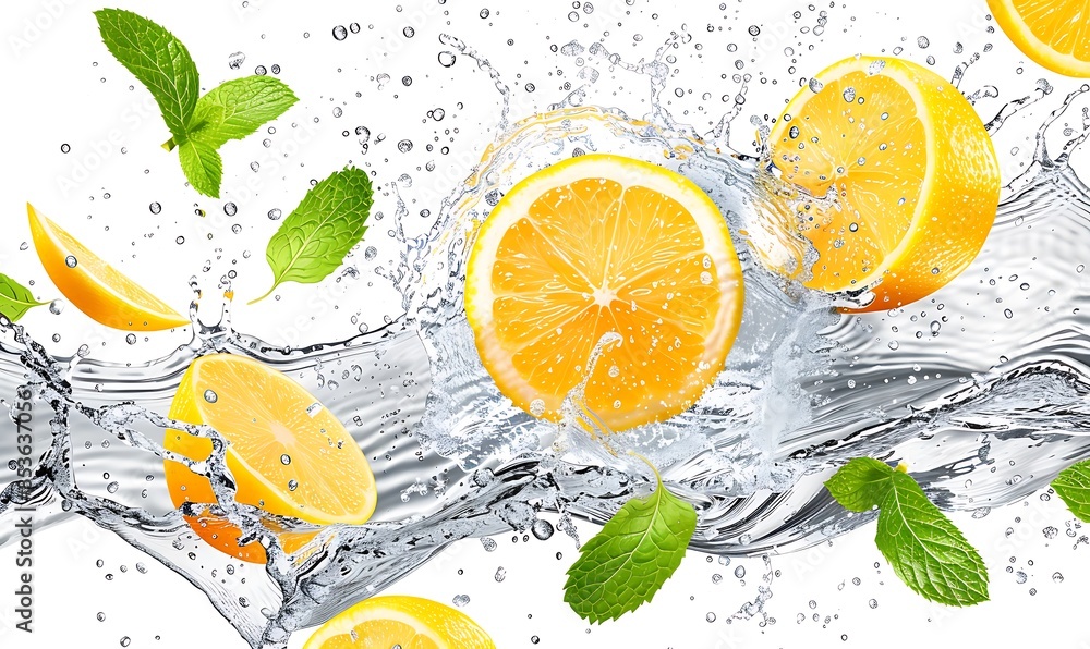 Lemon Water Splash Isolated on White Transparent Background, PNG, Fresh Lemon Slice, Leaves, Water Wave, Mint Foliage in Dynamic Motion Lemon Water Splash Isolated on White Transparent Background, PNG, Fresh Lemon Slice, Leaves, Water Wave, Mint Foliage in Dynamic Motion