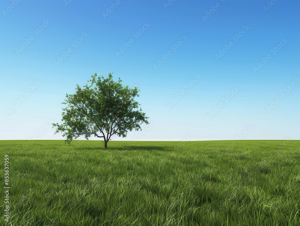 Serene Landscape with Solitary Tree in Grassy Field under Blue Sky Serene Landscape with Solitary Tree in Grassy Field under Blue Sky
