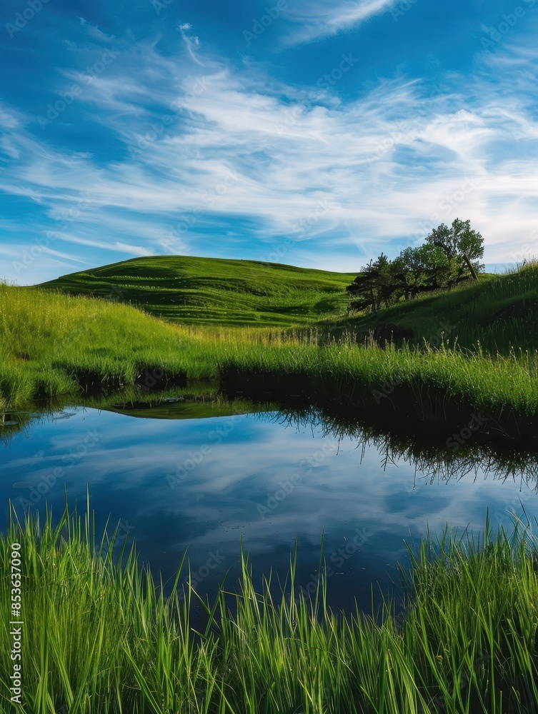 Serene Tranquility: Grass Field with Reflecting Pond and Lush Greenery Under Blue Sky Serene Tranquility: Grass Field with Reflecting Pond and Lush Greenery Under Blue Sky