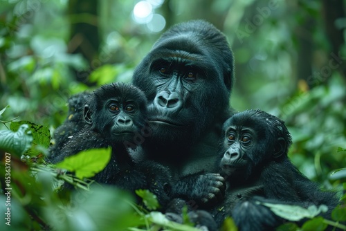 A family of mountain gorillas sitting in a dense forest, the silverback watching protectively over his group while young gorillas play nearby.