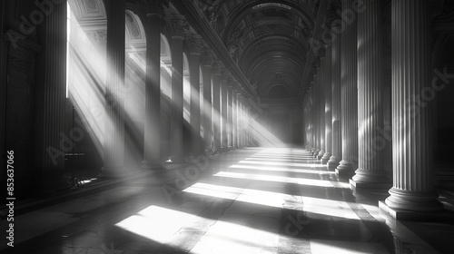 A long empty hallway with sunlight streaming in from the top