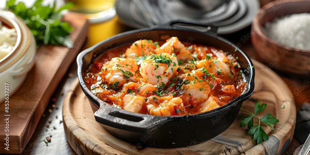Close-up of Brazilian fish stew in a contemporary setting. Concept Brazilian Cuisine, Food Photography, Culinary Art, Close-up Shots, Vibrant Colors Close-up of Brazilian fish stew in a contemporary setting. Concept Brazilian Cuisine, Food Photography, Culinary Art, Close-up Shots, Vibrant Colors