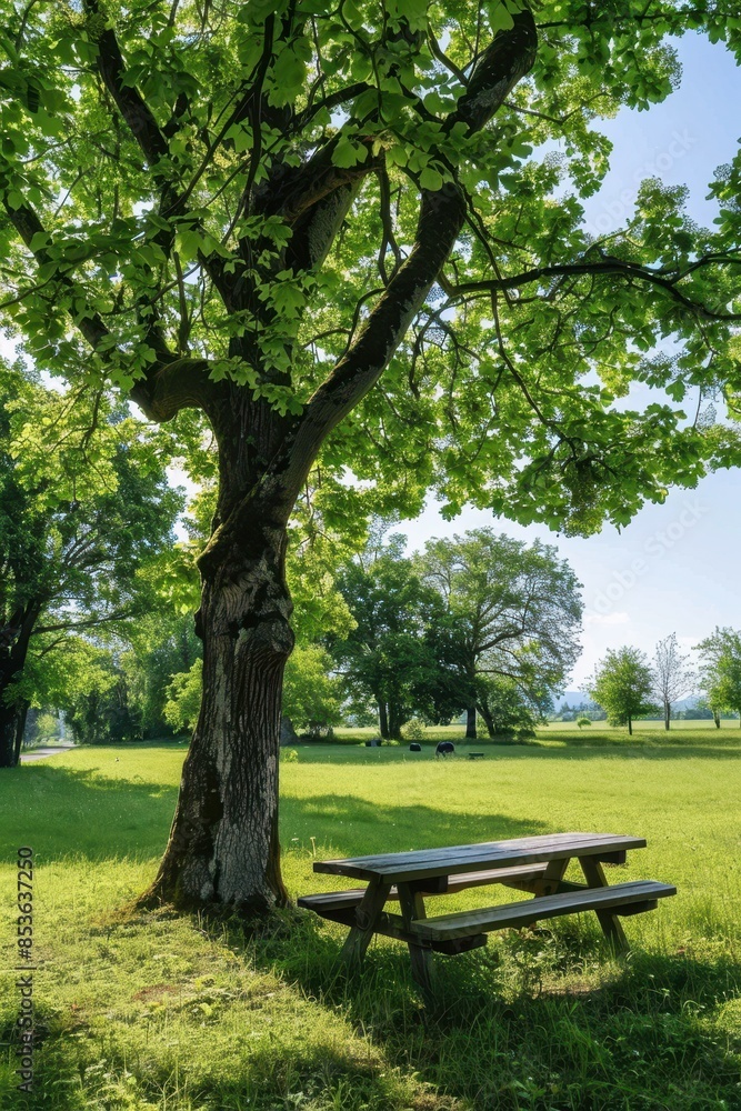 Tranquil Retreat: Wooden Bench in Grassy Field Under Majestic Tree for Relaxing in Nature's Embrace Tranquil Retreat: Wooden Bench in Grassy Field Under Majestic Tree for Relaxing in Nature's Embrace