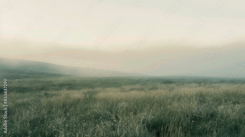 Obraz premium Tranquil Dawn: Panoramic View of Grass Field Bathed in Gentle Morning Light