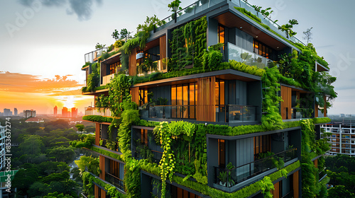 image that illustrates the key elements of a sustainable strategy in real estate. Highlight innovative green building practices, renewable energy integration, eco-friendly materials, and community eng