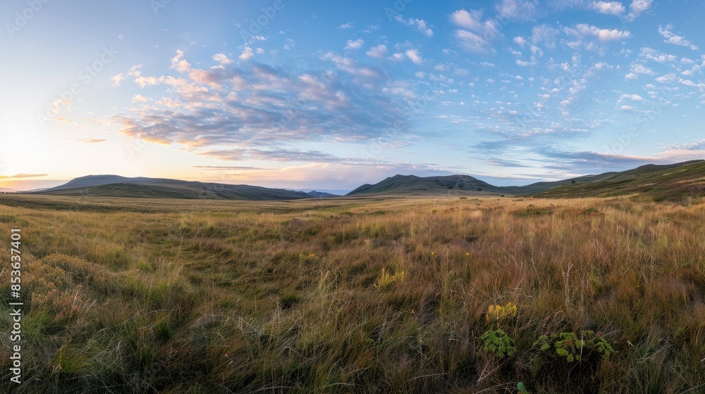 Serene Dawn: Panoramic View of Sunlit Grass Field Serene Dawn: Panoramic View of Sunlit Grass Field