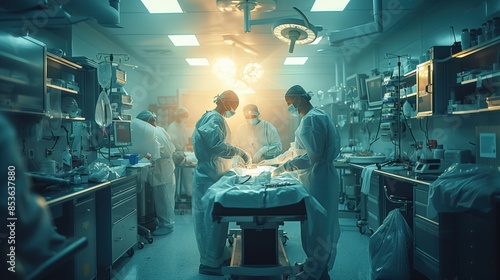 Surgical Team Performing Critical Operation. Surgical team performs a critical operation in a modern operating room, showcasing teamwork, expertise, and advanced medical technology.