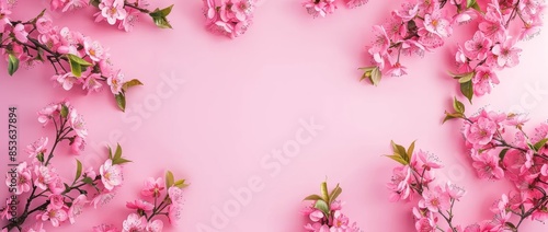 Wallpaper Mural Pink floral border frame on pink background with copy space, flat lay, top view Torontodigital.ca