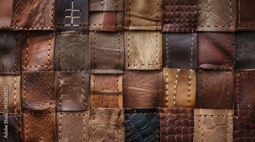 Patchwork Leather Texture, Close-up view of a detailed patchwork leather texture showcasing various shades and types of leather.  photo