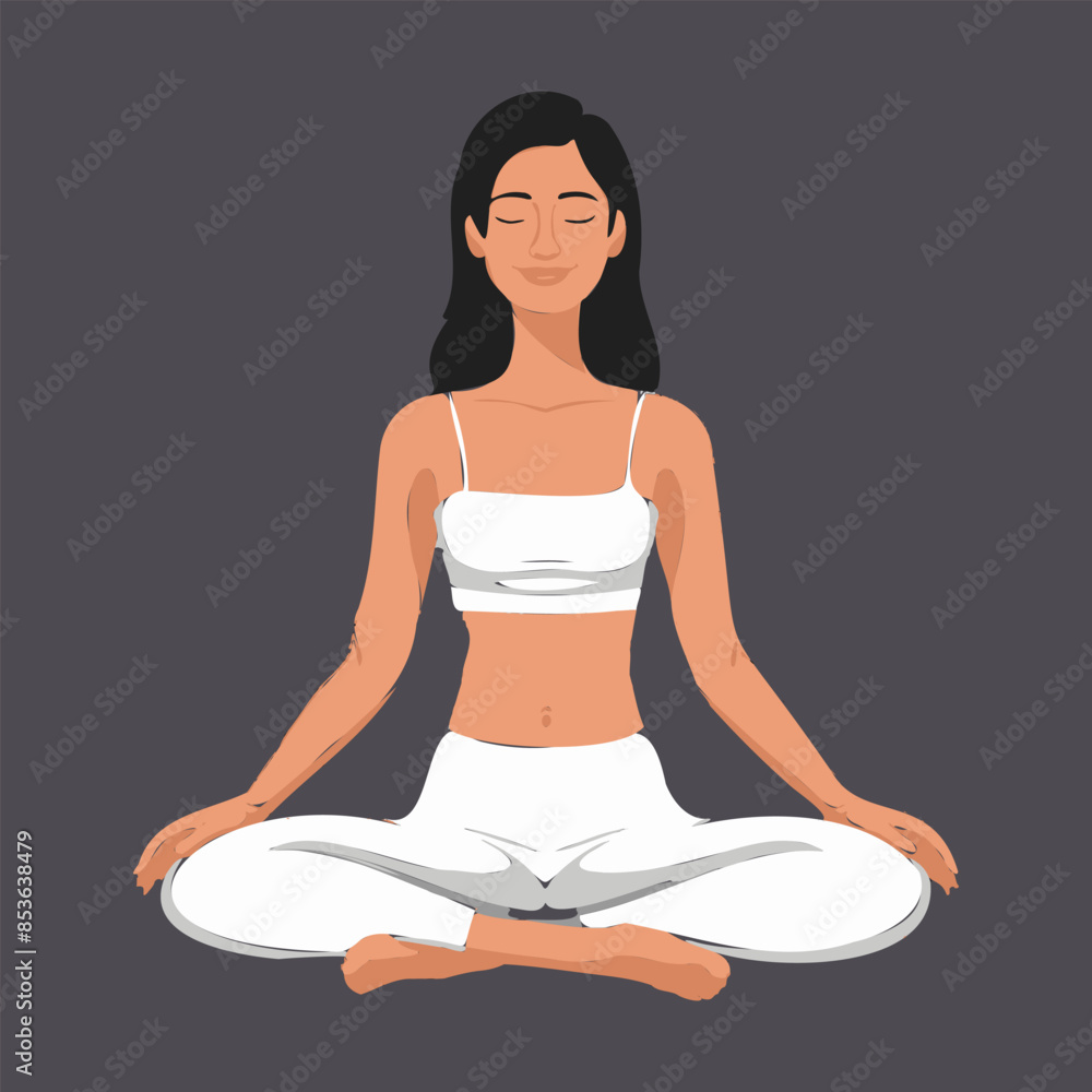 A dark haired girl in a white top and pants sits peaceful in lotus pose at a retreat. Vector minimalistic cartoon image A dark haired girl in a white top and pants sits peaceful in lotus pose at a retreat. Vector minimalistic cartoon image
