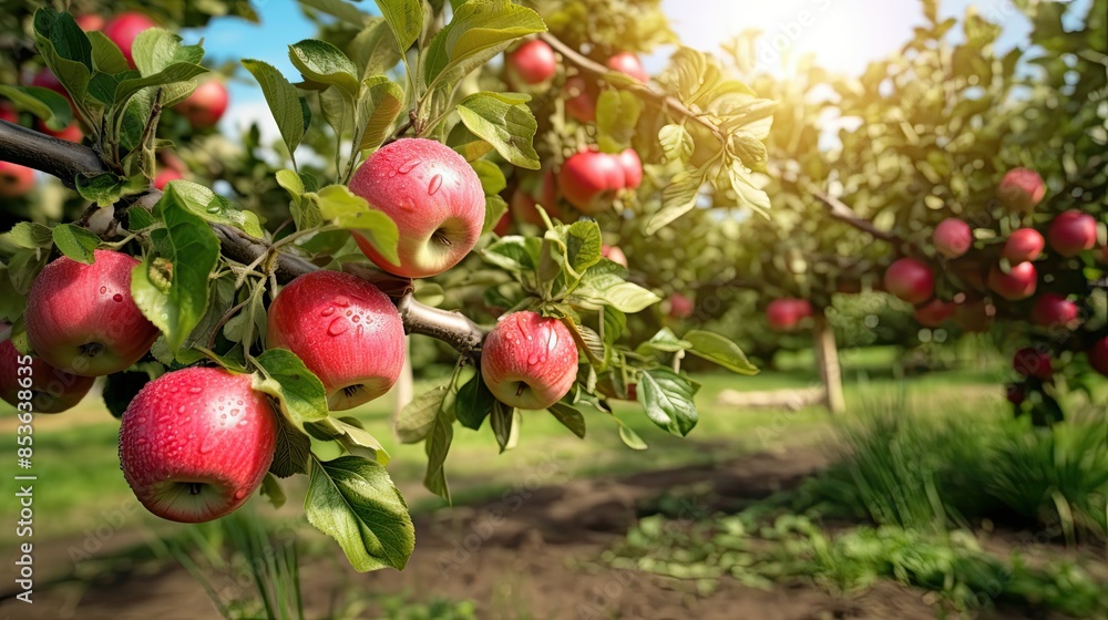Fruit farm with apple trees. Branch with natural apples on blurred background Fruit farm with apple trees. Branch with natural apples on blurred background