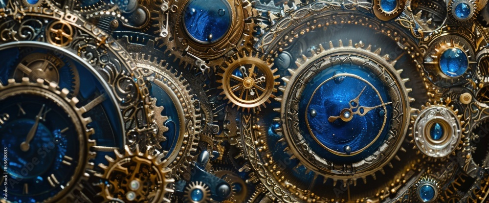 A clock face with many gears and a blue background A clock face with many gears and a blue background